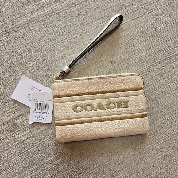 Coach Pebbled Leather Zip Wristlet Small Varsity Stripe Chalk Retro Wallet Bag - Picture 1 of 3